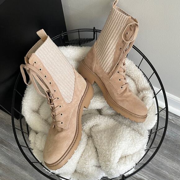 Sam Edelman Lydell Tan Lace Up Knit Sock Leather Combat Boots - Picture 3 of 5